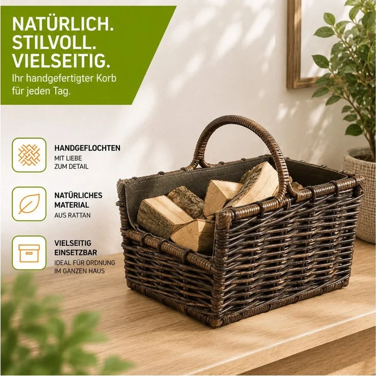Kobolo Kaminholzkorb Holztrage Krabu Rattan - abnehmbarem dunklen Stoff – Bild 4