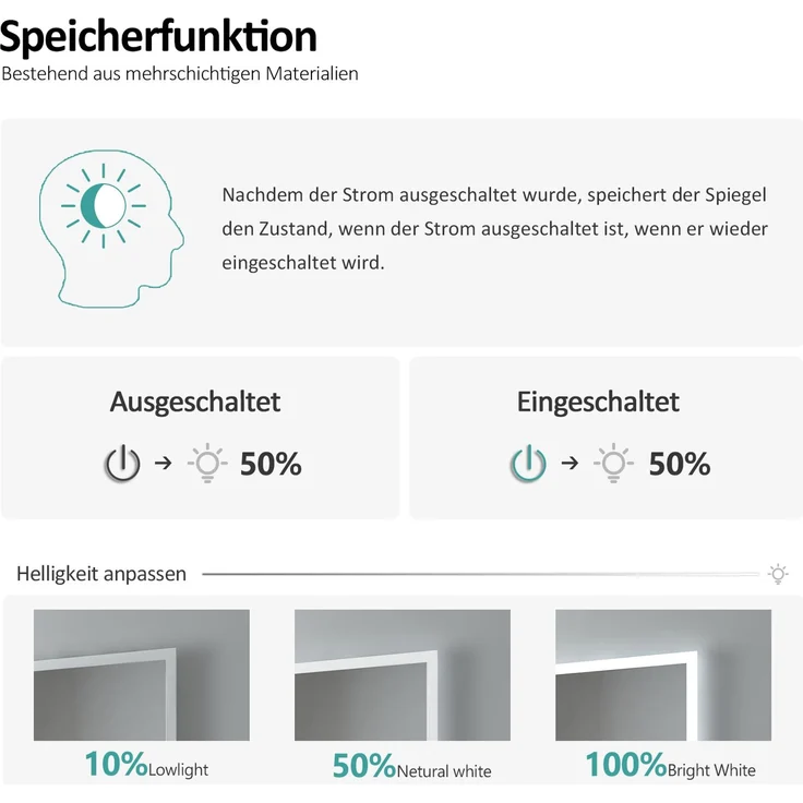 EMKE LED Badspiegel mit Beleuchtung Touch Dimmbar Touch Rund Lichtspiegel ф50cm 6500K Speicherfunktion Wandspiegel – Bild 3