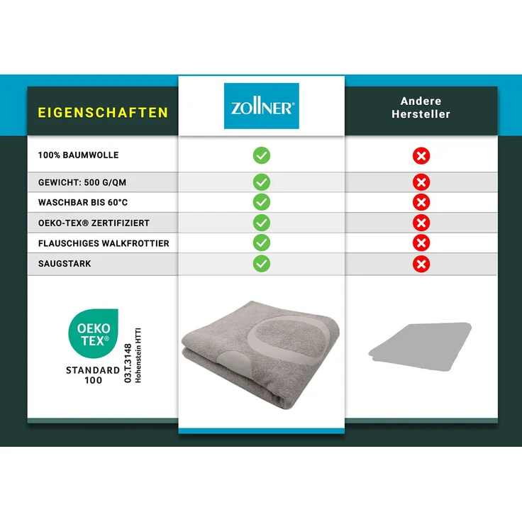 ZOLLNER Badetuch, 100% Baumwolle, 80x200 cm, stone – Bild 5