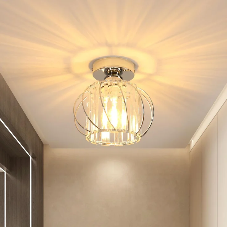 Goeco Deckenleuchte Kristall Moderne, E27 Deckenlampe Vintage mit Käfig-förmigen Lampenschirm, Chrom Deckenleuchte Industrie für Eingang Flur Schlafzimmer Wohnzimmer, Glühbirnen nicht enthalten