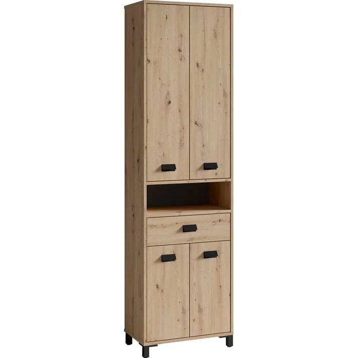 byLIVING Badezimmer-Hochschrank WELLNESS in Artisan Eiche, Griffe aus Metall in schwarz / Badezimmerschrank 4 Türen mit offenen Elementen & viel Stauraum / B 54, H 193, T 31 cm