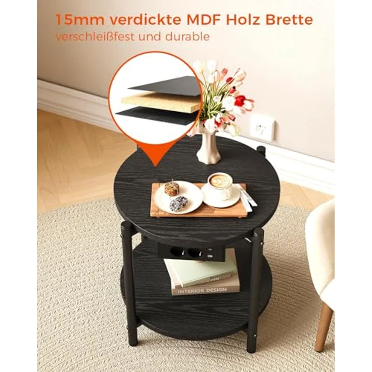 IRONCK Beistelltisch rund, Couchtisch mit Steckdose, Kleiner Tisch Holz, Wohnzimmertisch 2 Ablagen,Sofatisch,USB & Type-C-Anschluss, Metallrahmen, Nachttisch für Schlafzimmer (Schwarz, 1 Stück) – Bild 6