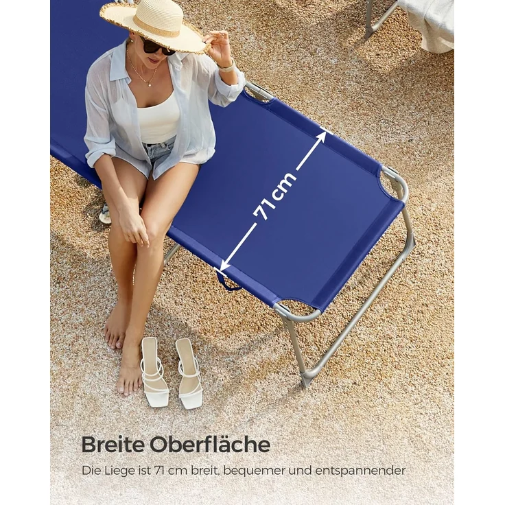 SONGMICS Große Sonnenliege, klappbarer Liegestuhl, 71 x 200 x 38 cm, Belastbarkeit 150 kg, mit Sonnenschutz, Kopfstütze und Verstellbarer Rückenlehne, für Garten Pool Terrasse, dunkelblau GCB22BUV2 – Bild 3