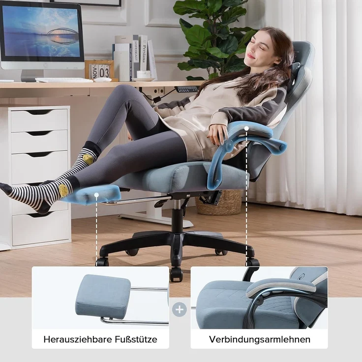 GTPLAYER Gaming Stuhl Ergonomischer Gaming Sessel Schreibtischstuhl mit Stoffoberfläche, Federsitzkissen, Verbindungsarmlehnen und Fußstütze hellblau – Bild 5