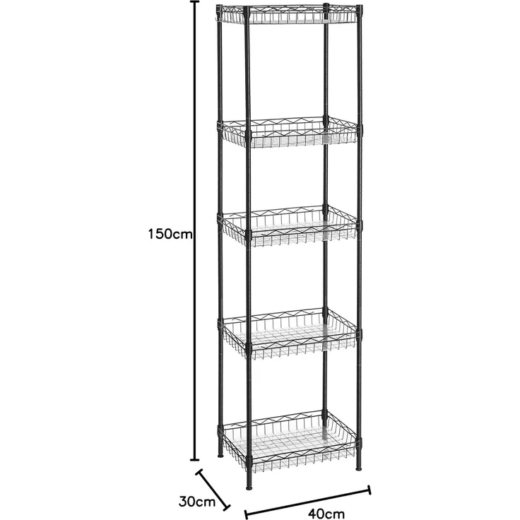 Songmics Küchenregal mit 5 Ebenen, Metallregal, Standregal, höhenverstellbare Gitterablage, mit PP-Kunststoffplatten, 4 S-Haken, für Küche, Wohnzimmer, bis zu 100 kg belastbar, schwarz LGR105B01 – Bild 2