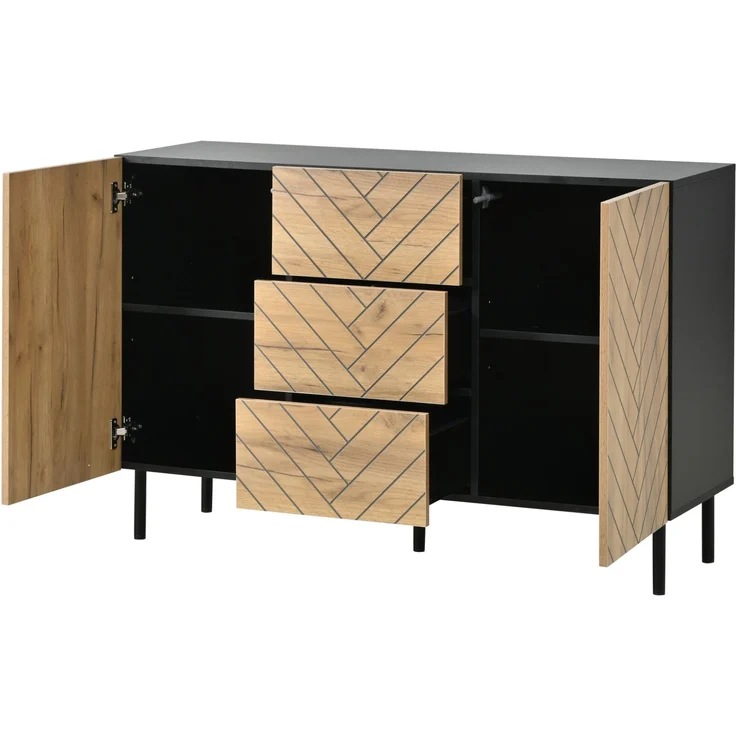 DESVIAE Sideboard mit 3 Schubladen und 2 Schränken 120x76x40 cm Spanplatte Holzoptik Schwarz – Bild 8
