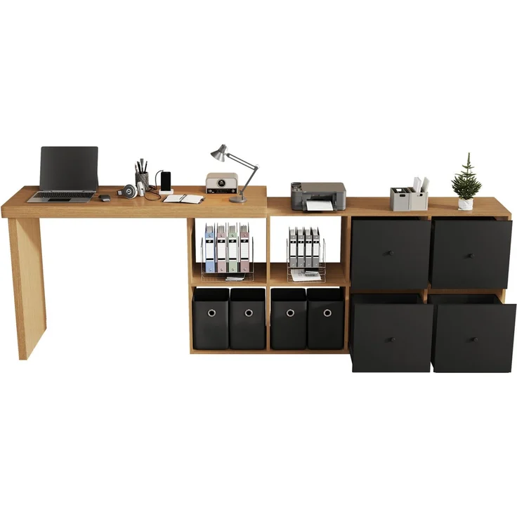 ZUBALIYA drehbarer L-förmiger Eckschreibtisch, 360° schwenkbare Tischplatte, L-förmig oder gerade aufstellbar, 4 Schubladen, 4 offene Fächer, H 78 × B 120 × T 48 cm, Schwarz / Eiche – Bild 10