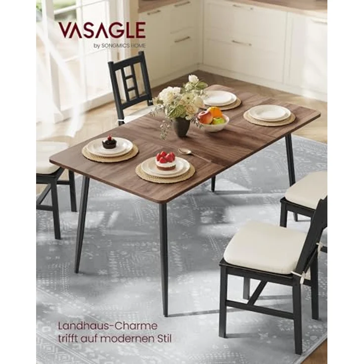 VASAGLE Esstisch für 4-6 Personen, Esszimmertisch, Küchentisch im Landhausstil, hitzebeständige Tischplatte, schneller Aufbau, 75 x 140 x 75 cm, naturwalnussfarben-tintenschwarz KDT100KE02 – Bild 3
