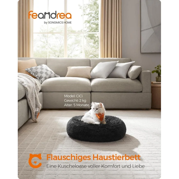 Feandrea Hundebett flauschig, Katzenbett, Donut Kissen, waschbar, Polsterung in der Mitte herausnehmbar, Langer Plüsch, 50 cm Durchmesser, tintenschwarz PGW037B01 – Bild 3