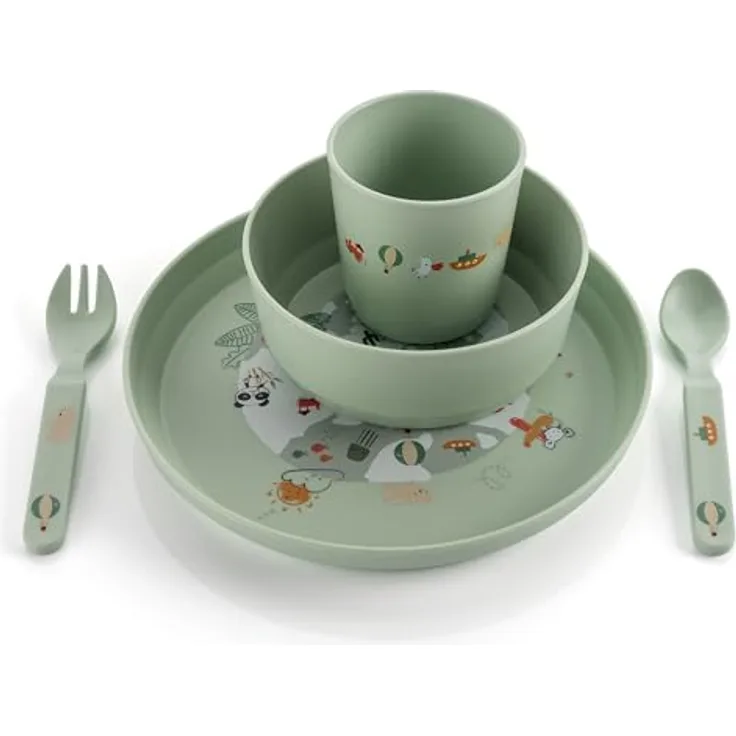 reer Kindergeschirr Set | Motiv: Little Explorer | Biokunststoff-Geschirr für Kleinkinder aus 100% ISCC-zertifiziertem Material | 5-teilig | BPA-frei | spülmaschinengeeignet