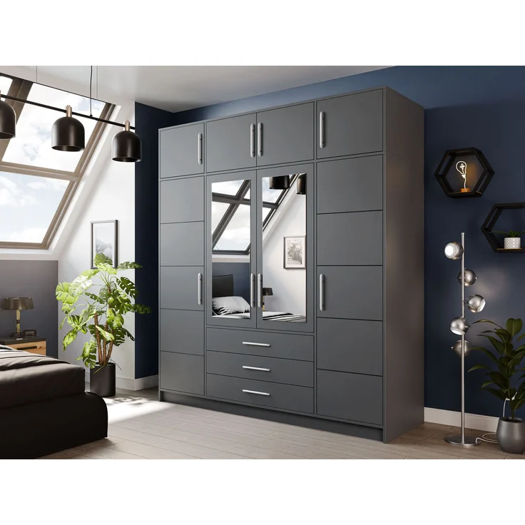 Mirjan24 'Bado 4D' Kleiderschrank mit Schubladen und Spiegel, Laminatplatte Graphit, 245 x 58 x 196 cm – Bild 2
