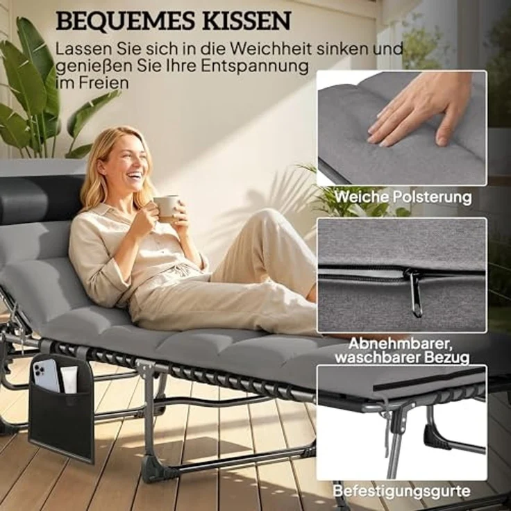 Outsunny Gartenliege mit 5-fach Verstellbar Rückenlehne, gepolsterter Matratze, Kopfstütze, Liegestuhl, 1 St, Sonnenliege, für Garten Terrasse Pool – Bild 5
