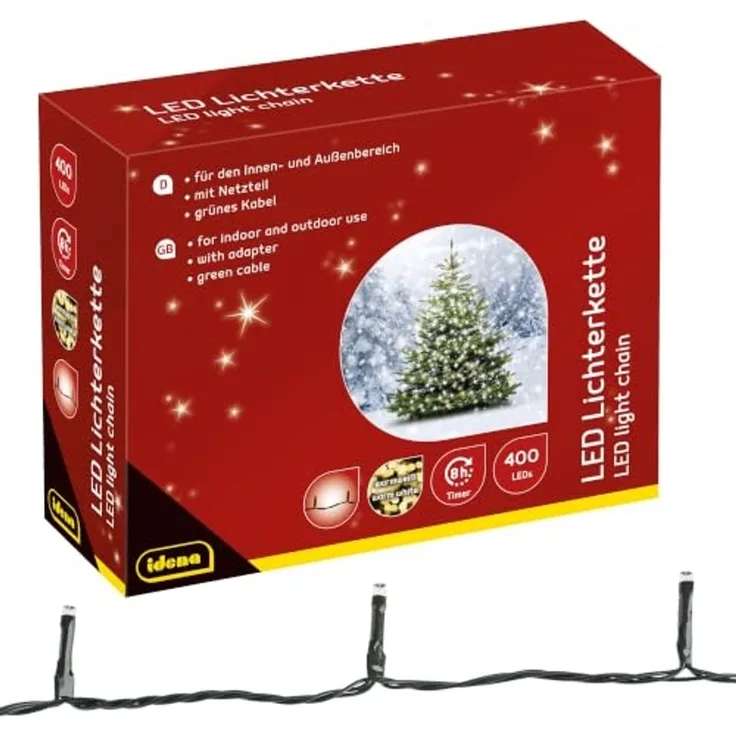 Idena 31123 - LED Lichterkette mit 400 LEDs in Gold-Gelb, mit 8 Stunden Timer Funktion und Transformator, ca. 47,9 m lang, Deko für Innen & Außen, als Party Deko, Weihnachtsdeko, zur Hochzeit