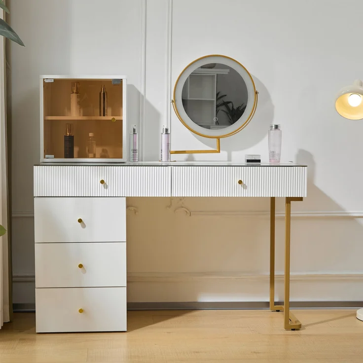 Schminktisch mit LED-Spiegel & flexiblen Regalen, weiß & gold modern Make-up Tisch,ohne Hocker – Bild 2