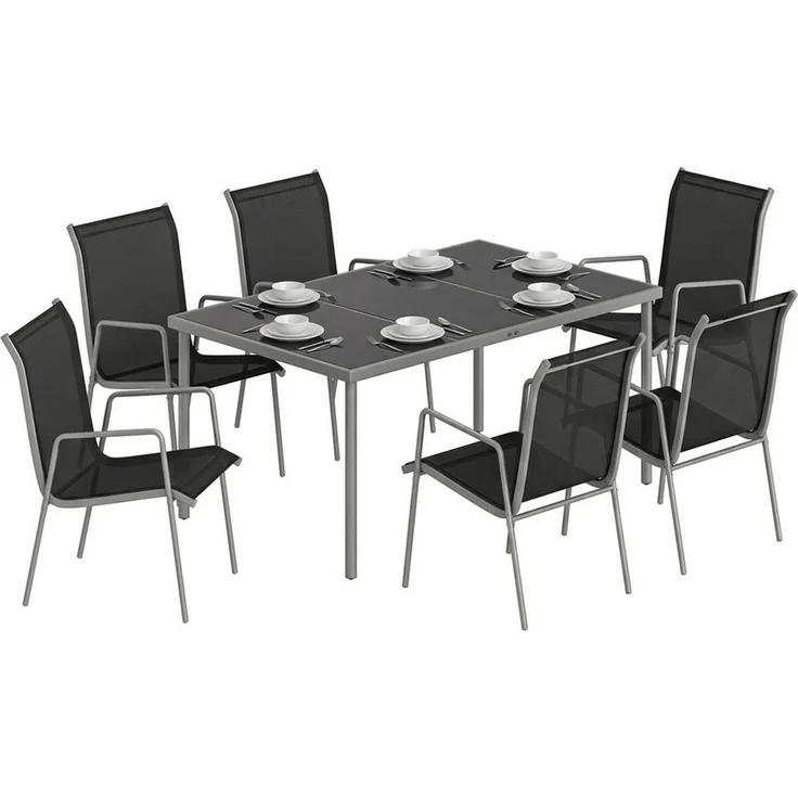 Outsunny Garten-Essgruppe mit 6 Atmungsaktiven Stühlen, Sicherheitsglas Tischplatte, (Gartenset, 7-tlg, Gartenmöbel Set), für Garten Balkon Terrasse Schwarz – Bild 1