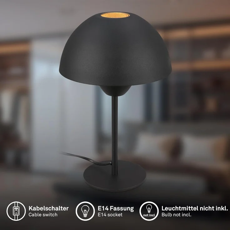 BRILONER - Nachttischlampe mit Kabelschalter, E14, max. 25W, Tischlampe, Lampe, Schreibtischlampe, Tischleuchte, Bürolampe, Leselampe Bett, Leselicht, 20x31 cm (DxH), Schwarz – Bild 2