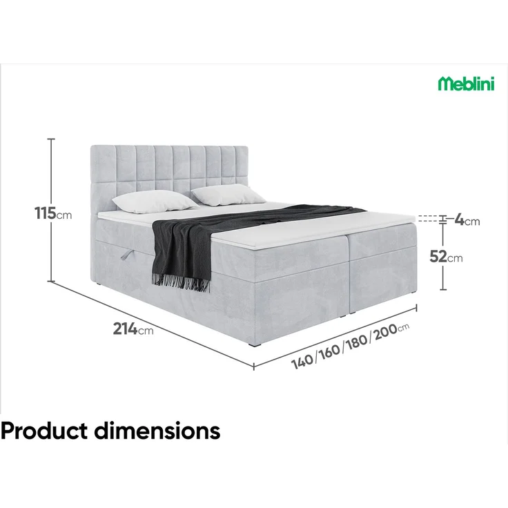 MEBLINI Boxspringbett LUKAS 200x200cm - H3/Hellgrau Samt - mit Bettkasten - Polsterbett - Doppelbett mit Topper & Taschenfederkern-Matratze – Bild 7
