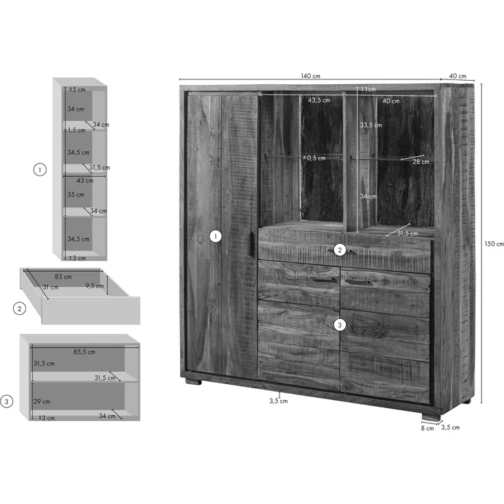 Highboard Akazie 140x40x150 natur lackiert BARK #115 – Bild 8