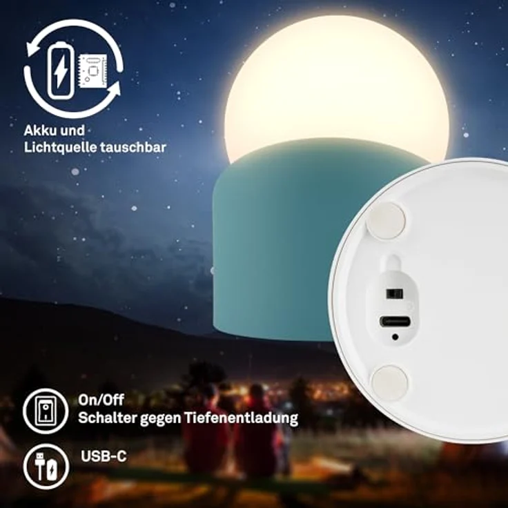 BRILONER - Mini LED Tischlampe kabellos IP54 mit Touch, dimmbar in Stufen, Akku & Lichtquelle tauschbar, Nachttischlampe, Kugel, LED Lampe, Akku Tischleuchte, Outdoor Lampe, 10 x 8 x 9 cm, Blau – Bild 2