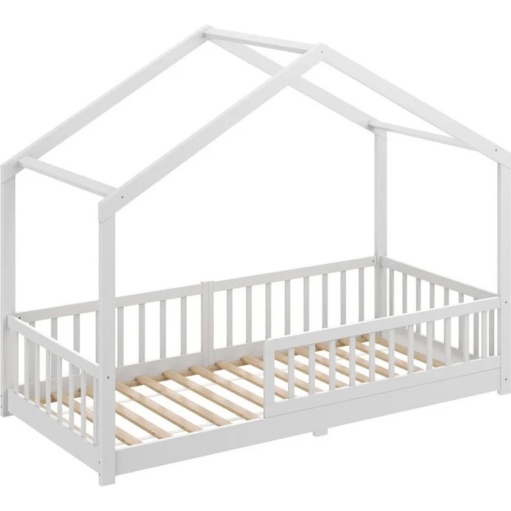 CADANI Kinderbett Malte Bodenbett Hausbett weiß (Rausfallschutz abnehmbar), Bodenbett Hausbett mit Roll-Lattenrost – Bild 2