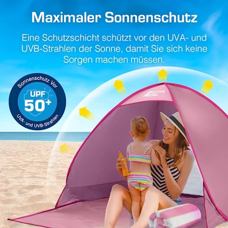 Active Era Pop Up Strandmuschel mit UV Schutz, UPF 50+ Strandzelt, Windschutz Strand, Zelt für 2-3 Personen inkl. Tragetasche und Heringe - Pink – Bild 2