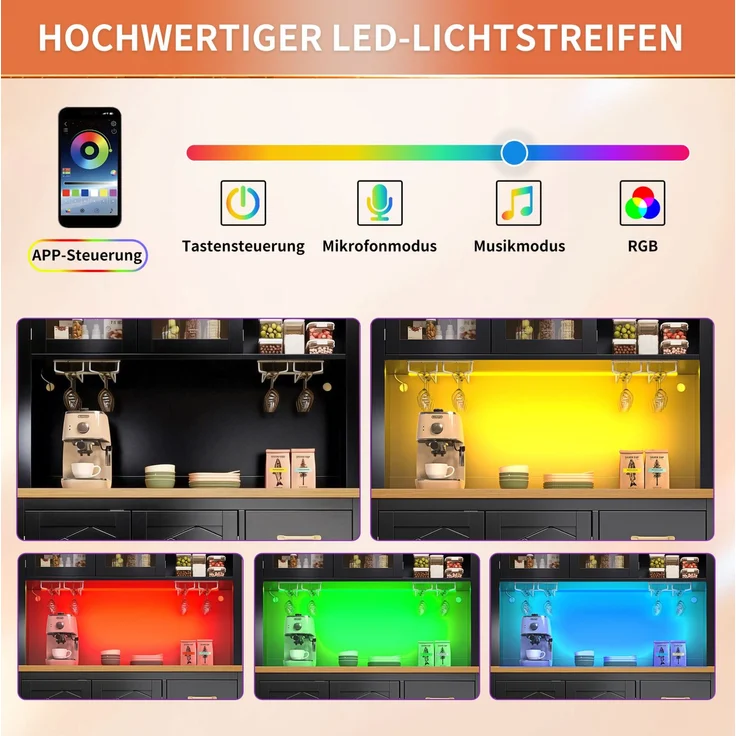 Buffetschrank 105,5x40x180 cm mit Schubladen und App-gesteuerter LED-Lichtleiste – Schwarz – Bild 7