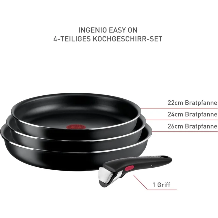 Tefal Ingenio Easy On 4-tlg. Kochgeschirr-Set, 3x Pfannen (22, 24, 26 cm), 1x abnehmbarer Griff, kompakt, stapelbar, Antihaftbeschichtung, Thermo-Signal Temperaturanzeiger, Schwarz, L1599043 – Bild 2