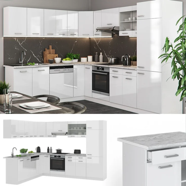 Eckküche R-Line Weiß Hochglanz/Weiß 287 x 60 cm , AP Anthrazit Vicco – Bild 2
