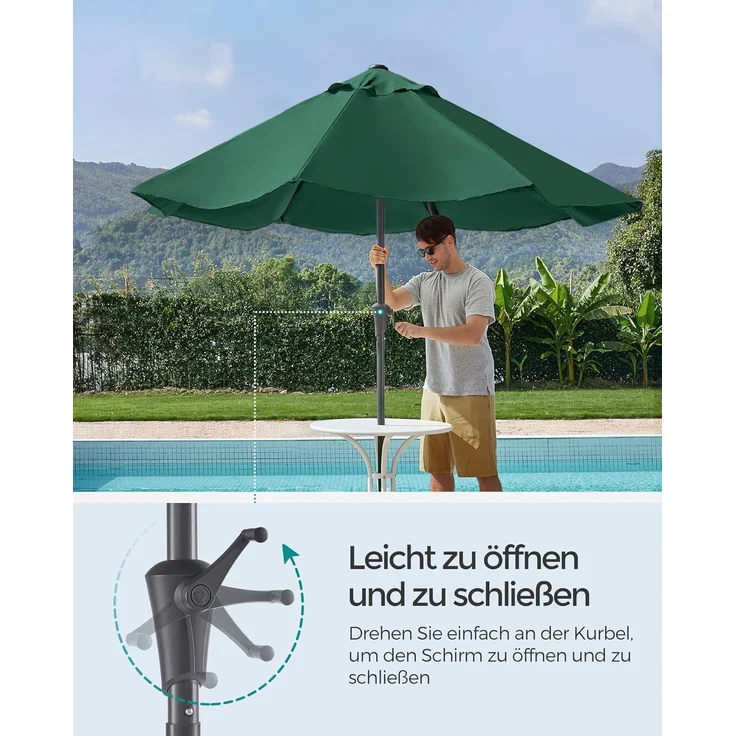 SONGMICS Sonnenschirm 300 cm, UPF 50+, Strandschirm, beidseitig um 30° knickbar, Sonnenschutz, mit Kurbel zum Öffnen/Schließen, für Terrasse, Balkon, Pool, ohne Ständer, grün GPU30GN – Bild 3