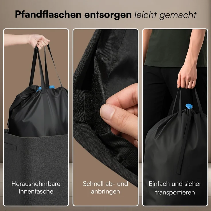 Bellamio 'Sur' Pfandflaschen Sammelbehälter mit Deckel aus Stoff 100L, herausnehmbare Innentasche mit Griffen, waschbar & tropfsicher, anthrazit – Bild 7