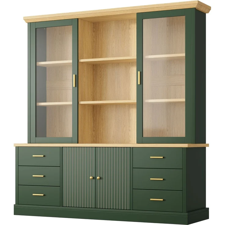 Hochschrank mit Glasvitrinen, 6 Schubladen & verstellbaren Böden, 140x40x185 cm, Grün – Bild 8
