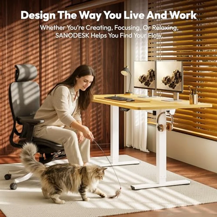 SANODESK Höhenverstellbarer Schreibtisch 140x60 cm Schreibtisch Höhenverstellbar Elektrisch Ergonomischer Steh-Sitz Tisch Computertisch für Heimbüro Homeoffice(ahorn) – Bild 3
