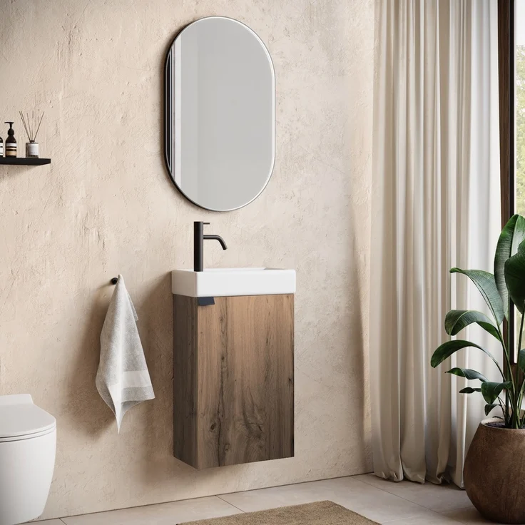 Badplaats Gäste-WC Waschtisch Set Apollo 40x22 cm Eiche Braun - Platzsparende Badmöbel Set mit Waschbecken und Unterschrank – Bild 2
