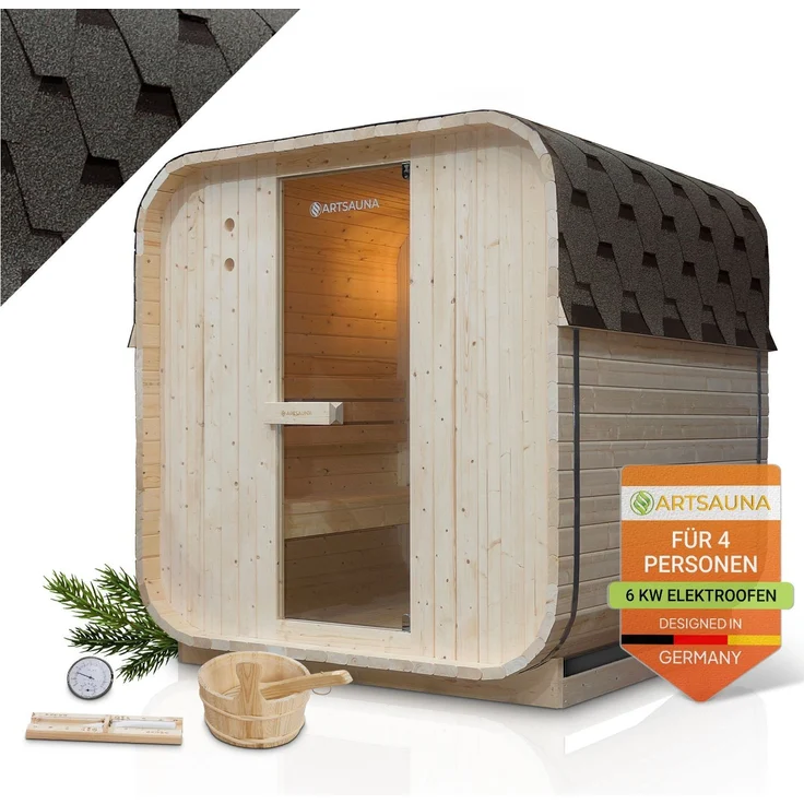 Artsauna Fasssauna Nolvik L, Outdoor-Sauna aus Fichtenholz, 6 kW Ofen, LED, Komplettset mit Sanduhr, Eimer & Thermometer, winterfest, Cube Design – Bild 1