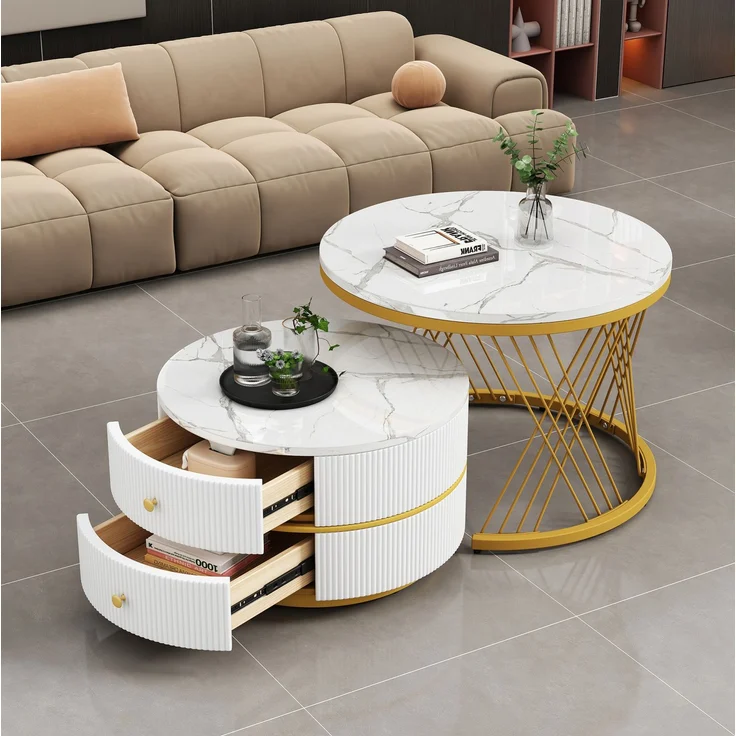 2-teiliges Couchtisch-Set mit Marmoroptik, runde Beistelltische mit Schubladen, Hochglanz Weiß, MDF Wohnzimmertische Set – Bild 4