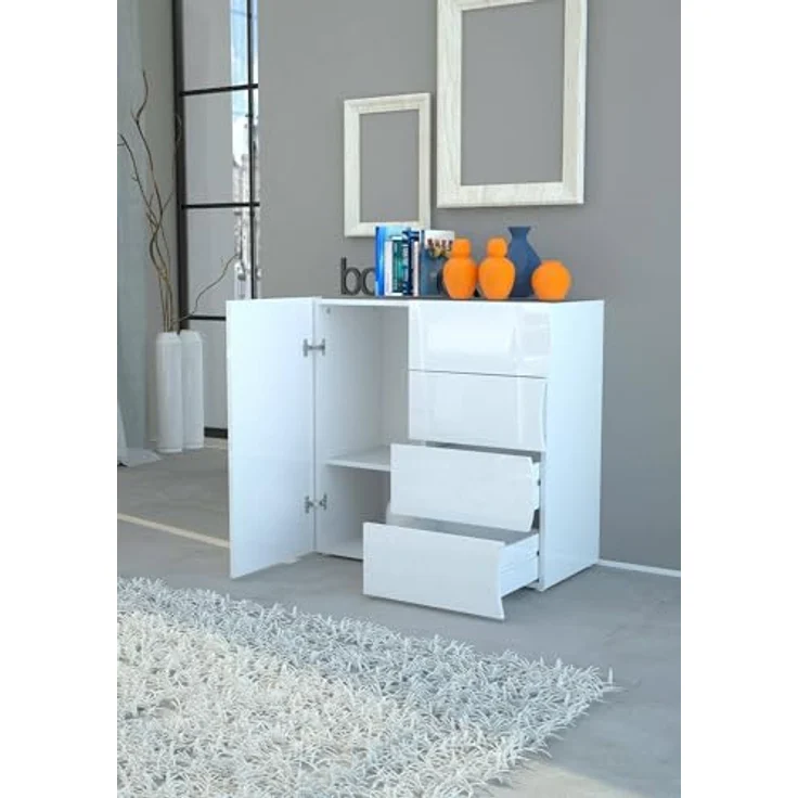 Dmora - Kommode Giuseppe, Küchen-Sideboard mit 4 Türen und 1 Schublade, Wohnzimmer-Buffet, 100 % Made in Italy, 90 x 40 x 81 cm, glänzendes Weiß, – Bild 5