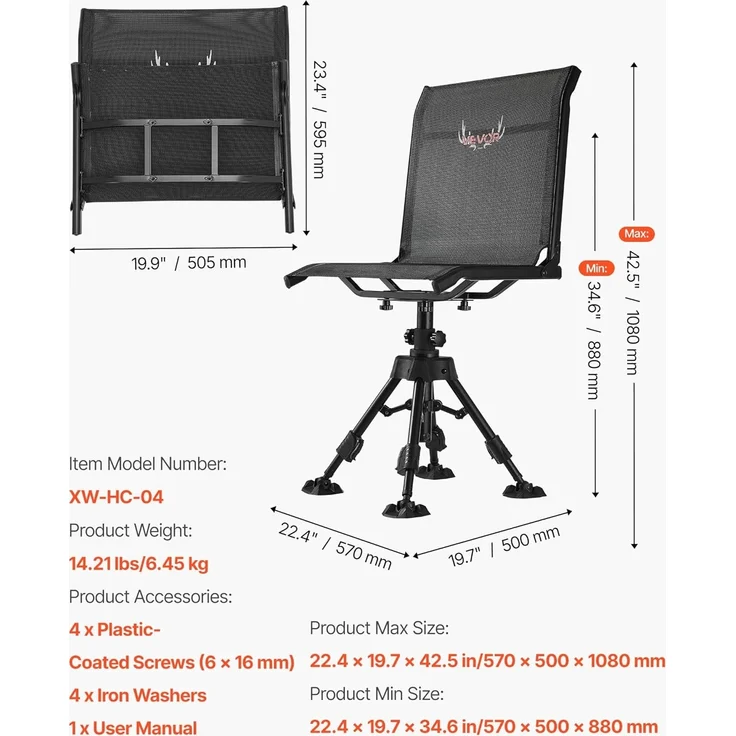 VEVOR Faltstuhl Campingstuhl Anglerstuhl mit Stahlrahmen, höhenverstellbarer Klappstuhl Gartenstuhl (158 kg belastbar) 360° geräuschlos drehbar, 420-625 mm (Sitzhöhe) für Picknick Garten Outdoor – Bild 3