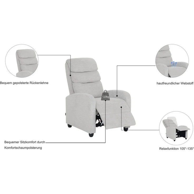 Home affaire Relaxsessel BERVILLE, TV-Sessel, Ruhesessel mit Schlaffunktion, Webstoff, Liegesessel mit manueller Relaxfunktion – Bild 2