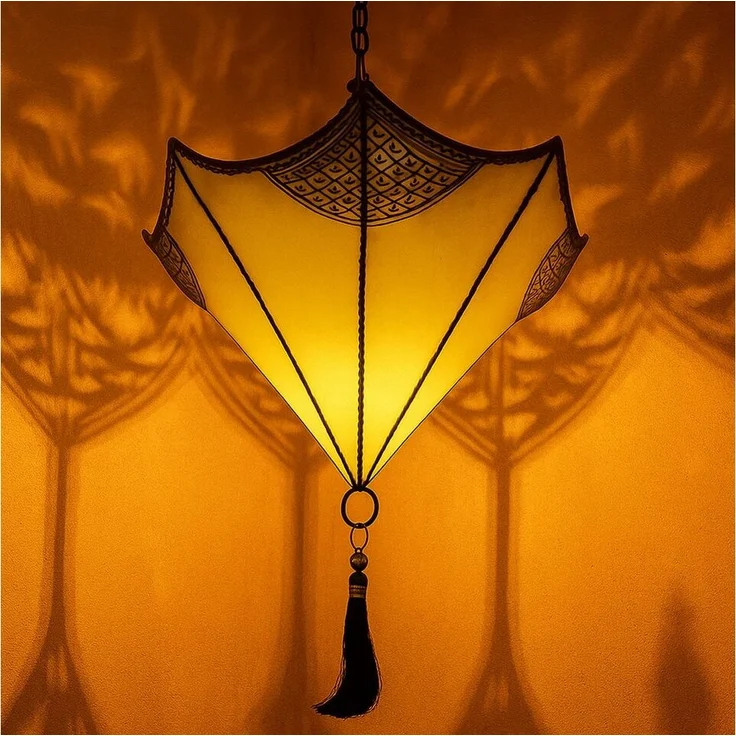 Marrakesch Orient & Mediterran Interior Pendelleuchte Deckenlampe Berfu aus Leder Beige-Gelb 50cm, Mediterrane Lederlampe, ohne Leuchtmittel, Handarbeit – Bild 1