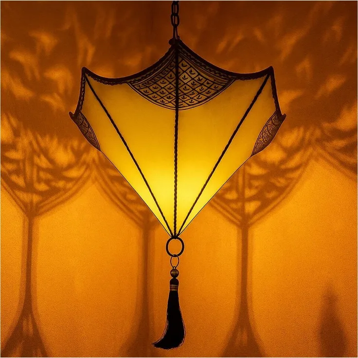 Marrakesch Orient & Mediterran Interior Pendelleuchte Deckenlampe Berfu aus Leder Beige-Gelb 50cm, Mediterrane Lederlampe, ohne Leuchtmittel, Handarbeit