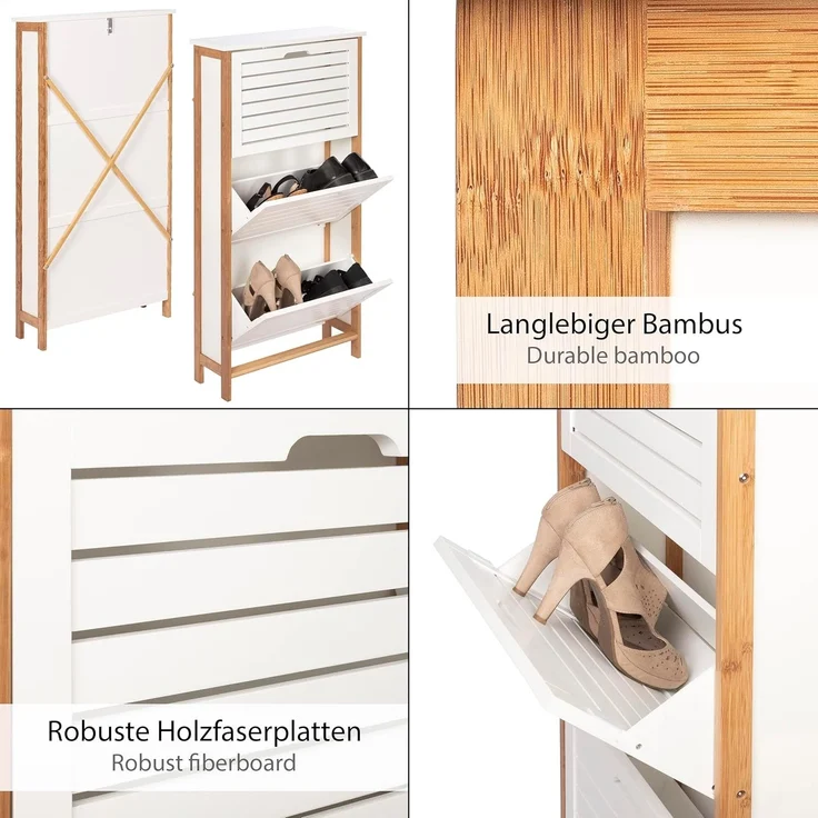 ONVAYA Schuhschrank Bambus Schuhkipper in Weiß, Platzsparender Schuhkipper mit 3 Klappen – Bild 5