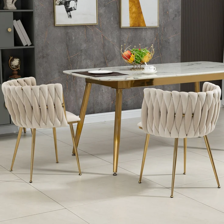 Elegantes 2er-Set Samt-Esszimmerstühle mit goldenen Metallbeinen und handgewebtem Design in Ivory – Bild 5