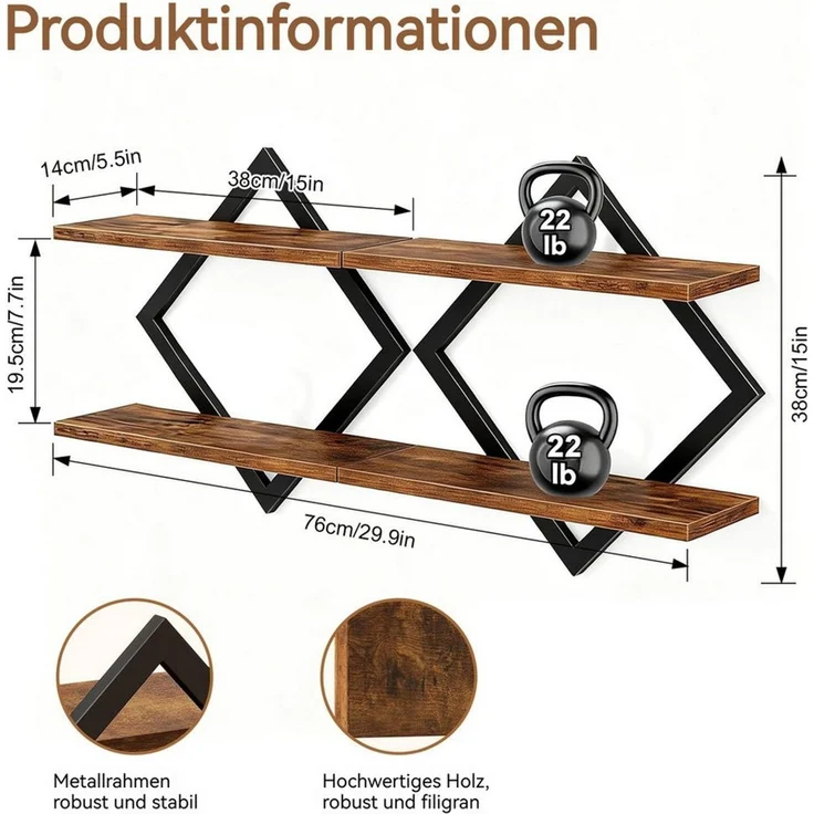 BlingBin Wandregal 2er-Set, Schweberegal, 2-stöckige Hängeregale, Wandboard, Regal 2-tlg, für Wohnzimmer, Schlafzimmer, Küche, Büro,Rustikales Braun und Schwarz – Bild 3