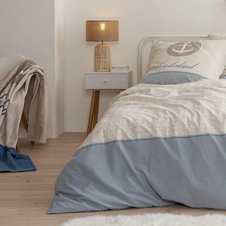 MTOnlinehandel Bettwäsche Küstenkind Anker, 100% Baumwolle, ideal als Partnerbettwäsche, Renforcé, 4 teilig, maritime Anker Bettwäsche gestreift – Bild 4