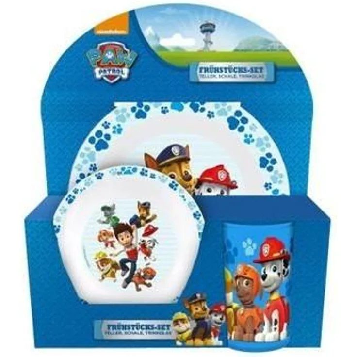 POS 25287088 - Frühstücksset mit Paw Patrol Motiv, 3 teiliges Geschirrset für Kinder bestehend aus Teller, Schale und Becher, stabiles Melamin, bpa- und phthalatfrei, spülmaschinengeeignet