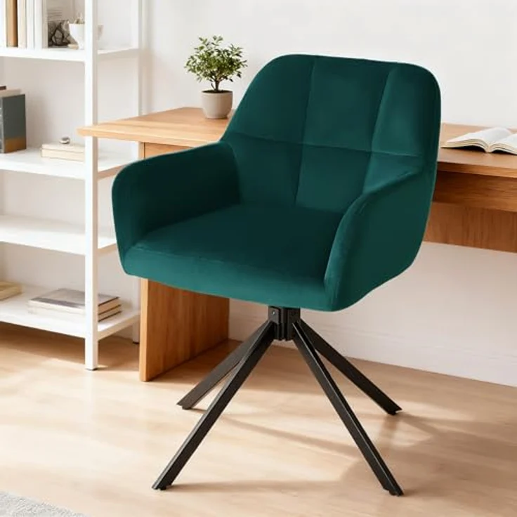 Sweetcrispy Esszimmerstuhl, 360° Drehstuhl Esszimmer, Küchenstuhl, Samt Schminktisch Stuhl, bis 120 kg belastbar, Sessel mit Armlehnen Stahlbeine, Schreibtischstuhl für Arbeitszimmer, Dunkelgrün – Bild 3