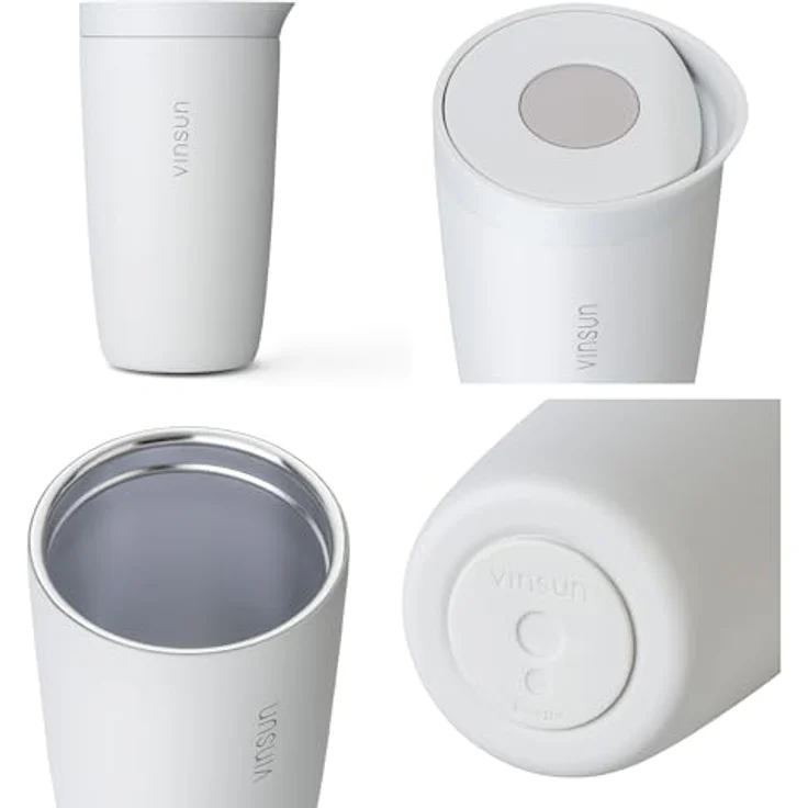 Vinsun Thermobecher Edelstahl Isolierbecher 350ml - Kaffeebecher to Go auslaufsicher, 2-tlg, Edelstahl, Doppelwandig, BPA frei, bruchfest, Einhandbedienung per Knopfdruck – Bild 7