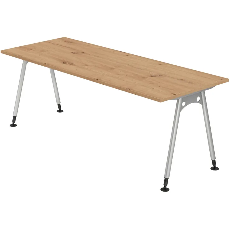 bümö manuell höhenverstellbarer Schreibtisch 200x80 cm in Asteiche - PC Tisch höhenverstellbar & groß, höhenverstellbarer Tisch Büro, großer Computertisch verstellbar, A-Serie, AS-20-R