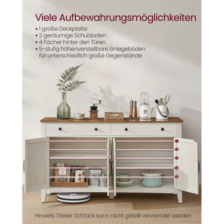 Vasagle Küchenschrank, mit Schubladen und Türen, verstellbare Ablage, Holz/Stahl, vintageweiß-honigbraun, 40 x 140 x 80 cm – Bild 4