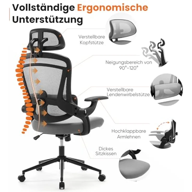 Sweetcrispy Ergonomischer Bürostuhl, Schreibtischstuhl Ergonomisch, Atmungsaktiver Netzstuhl mit Verstellbarer Kopfstütze, Armlehnen, Höhenverstellbarer Lendenwirbelstütze, für Homeoffice, Grau – Bild 6